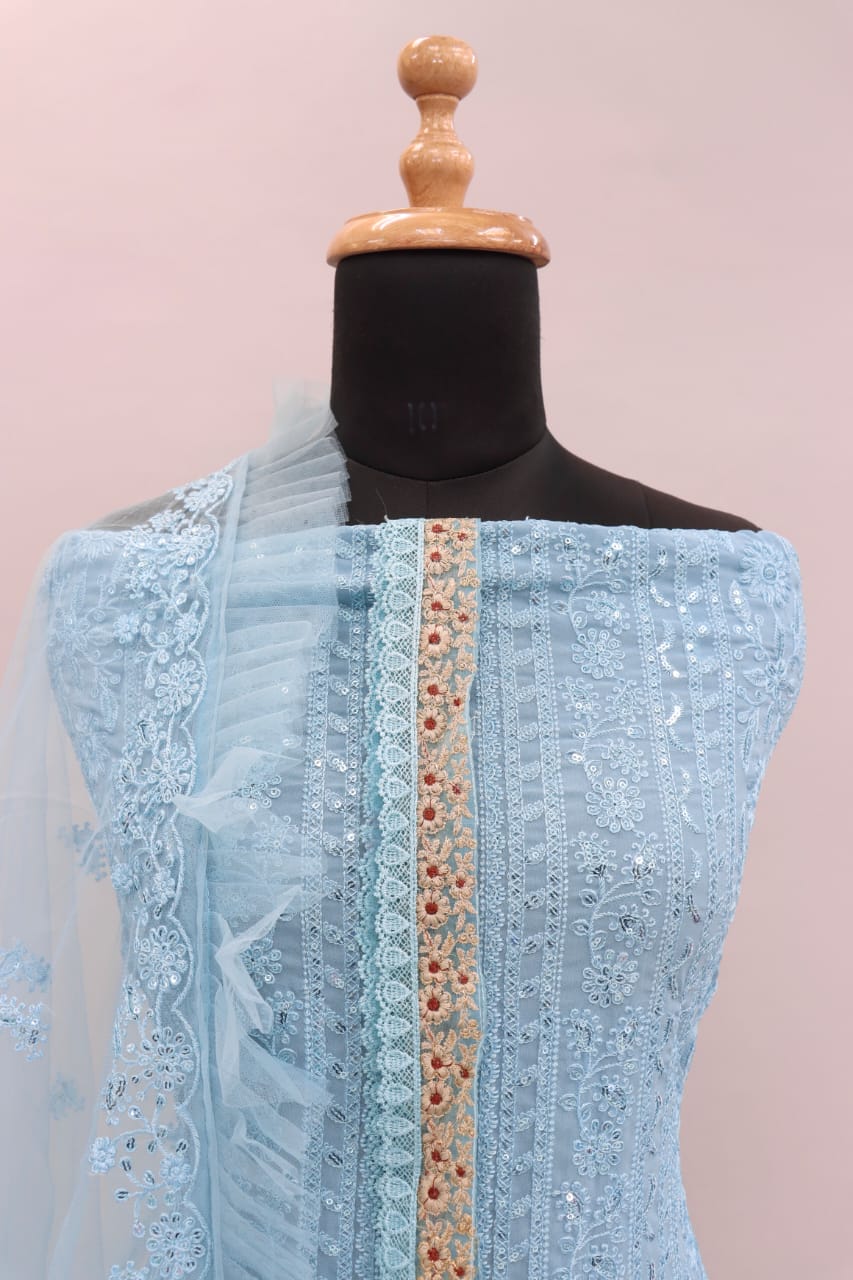Sky Blue Color Faux Georgette With Sequence Work Straight Salwar Suit - Joshindia