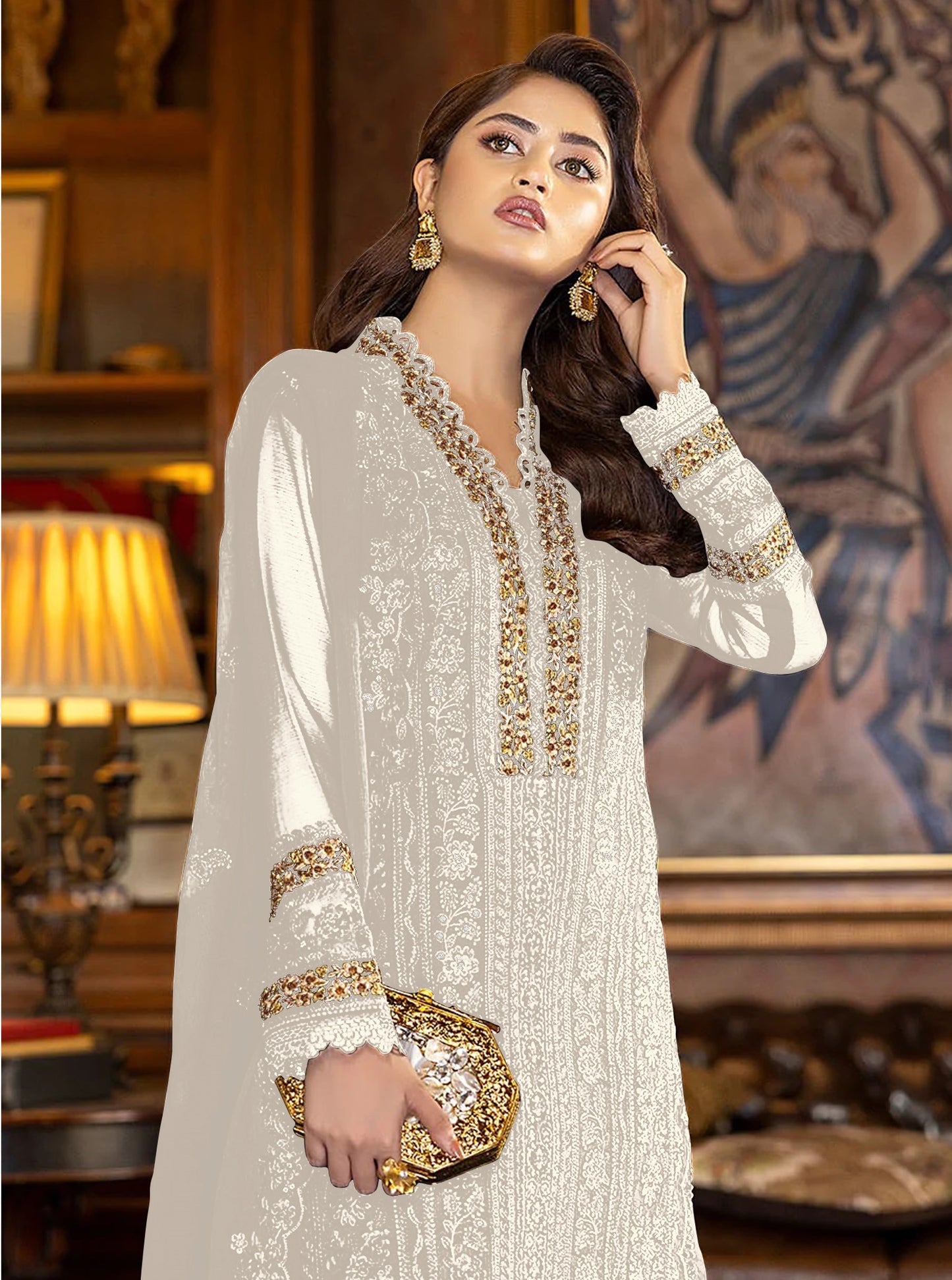 White Color Faux Georgette With Sequence Work Straight Salwar Suit