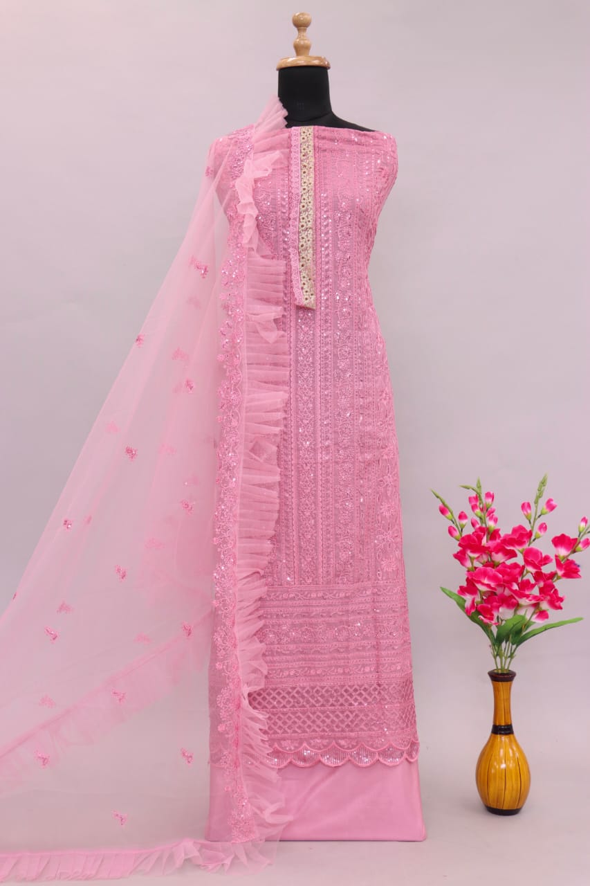 Pink Color Faux Georgette With Sequence Work Straight Salwar Suit - Joshindia