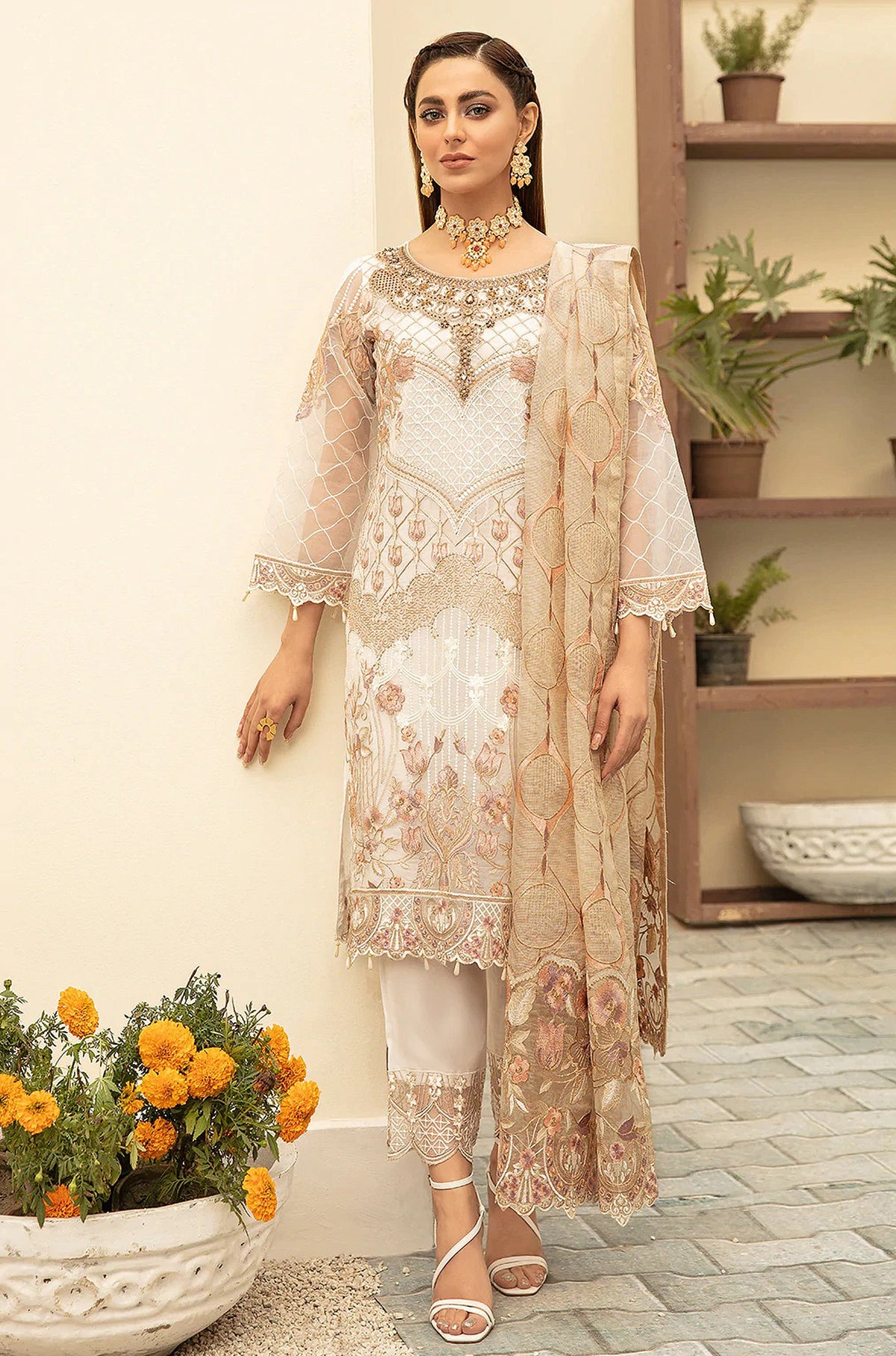 White Color Georgette With Soft Embroidery Work Straghit Suit - Joshindia
