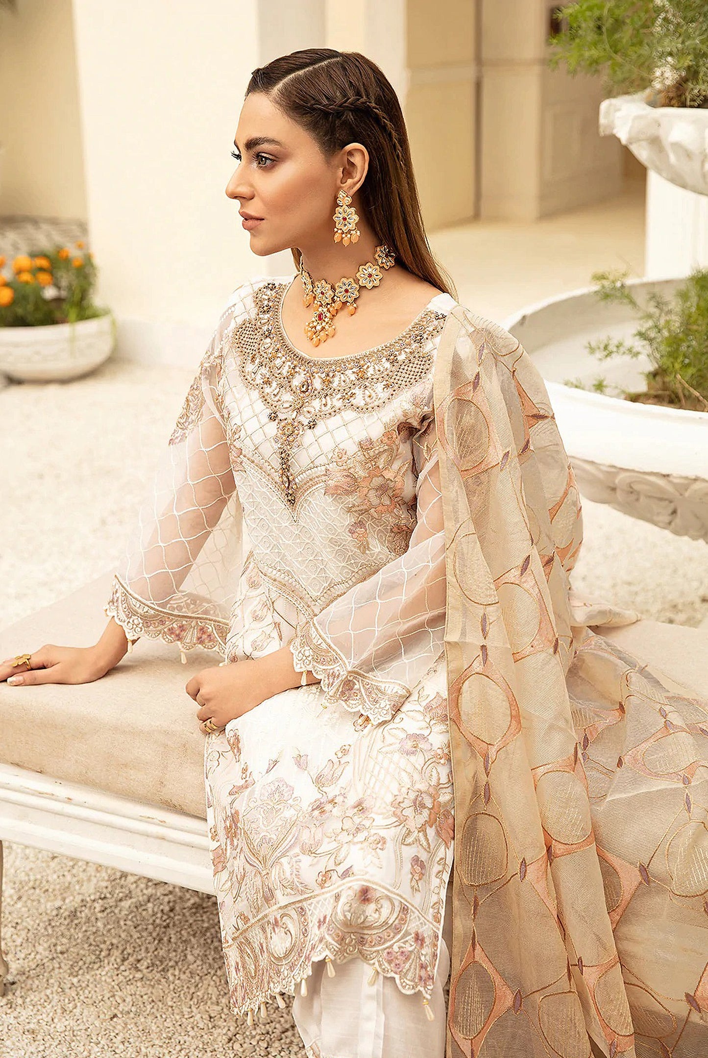 White Color Georgette With Soft Embroidery Work Straghit Suit
