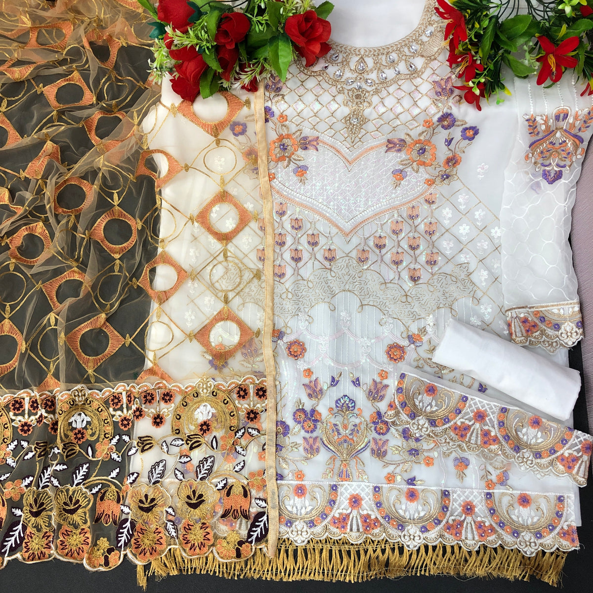 White Color Georgette With Soft Embroidery Work Straghit Suit - Joshindia