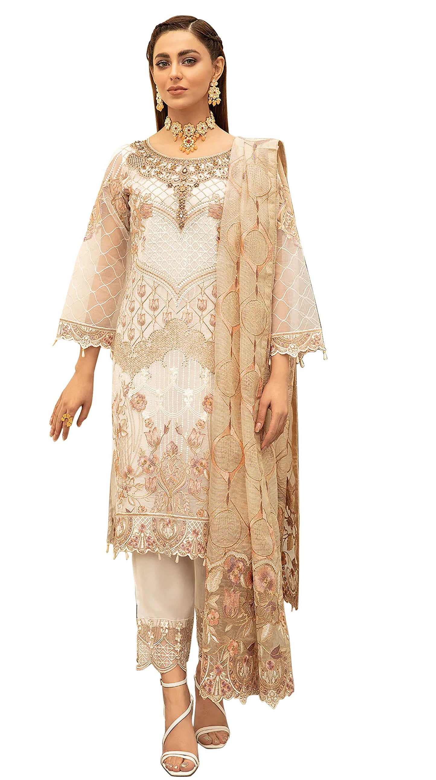 White Color Georgette With Soft Embroidery Work Straghit Suit
