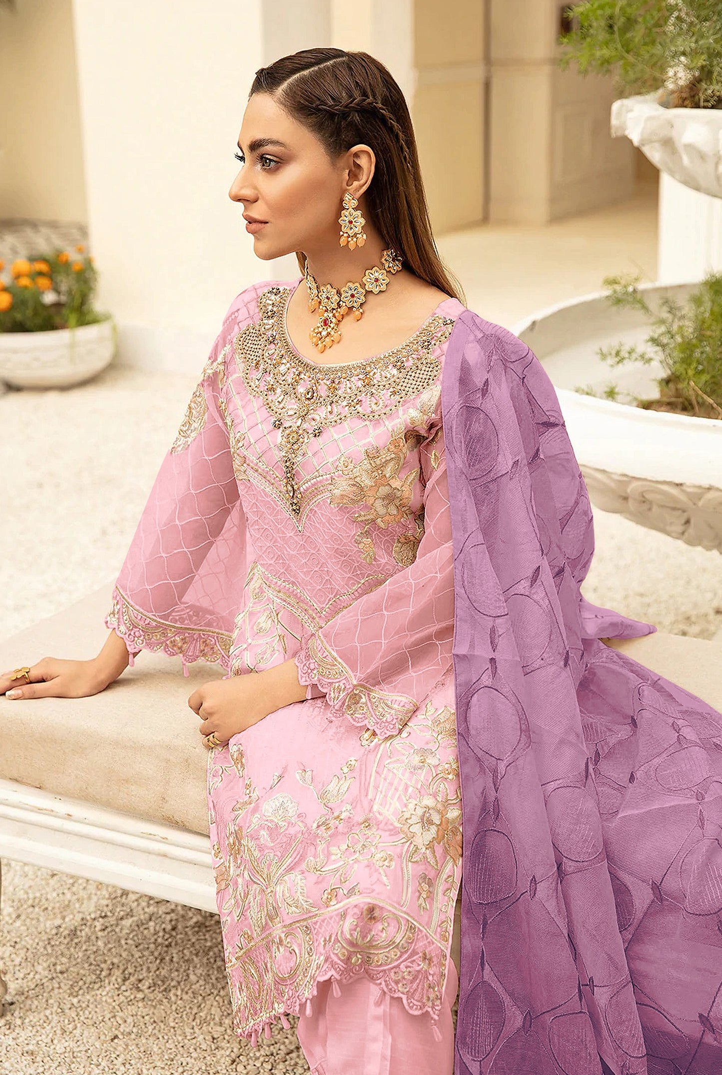 Pink Color Georgette With Soft Embroidery Work Straghit Suit