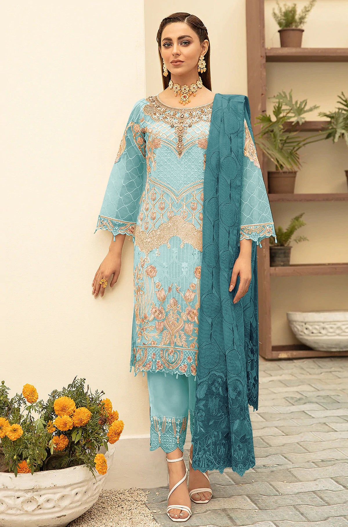 Sky Blue Color Georgette With Soft Embroidery Work Straghit Suit - Joshindia