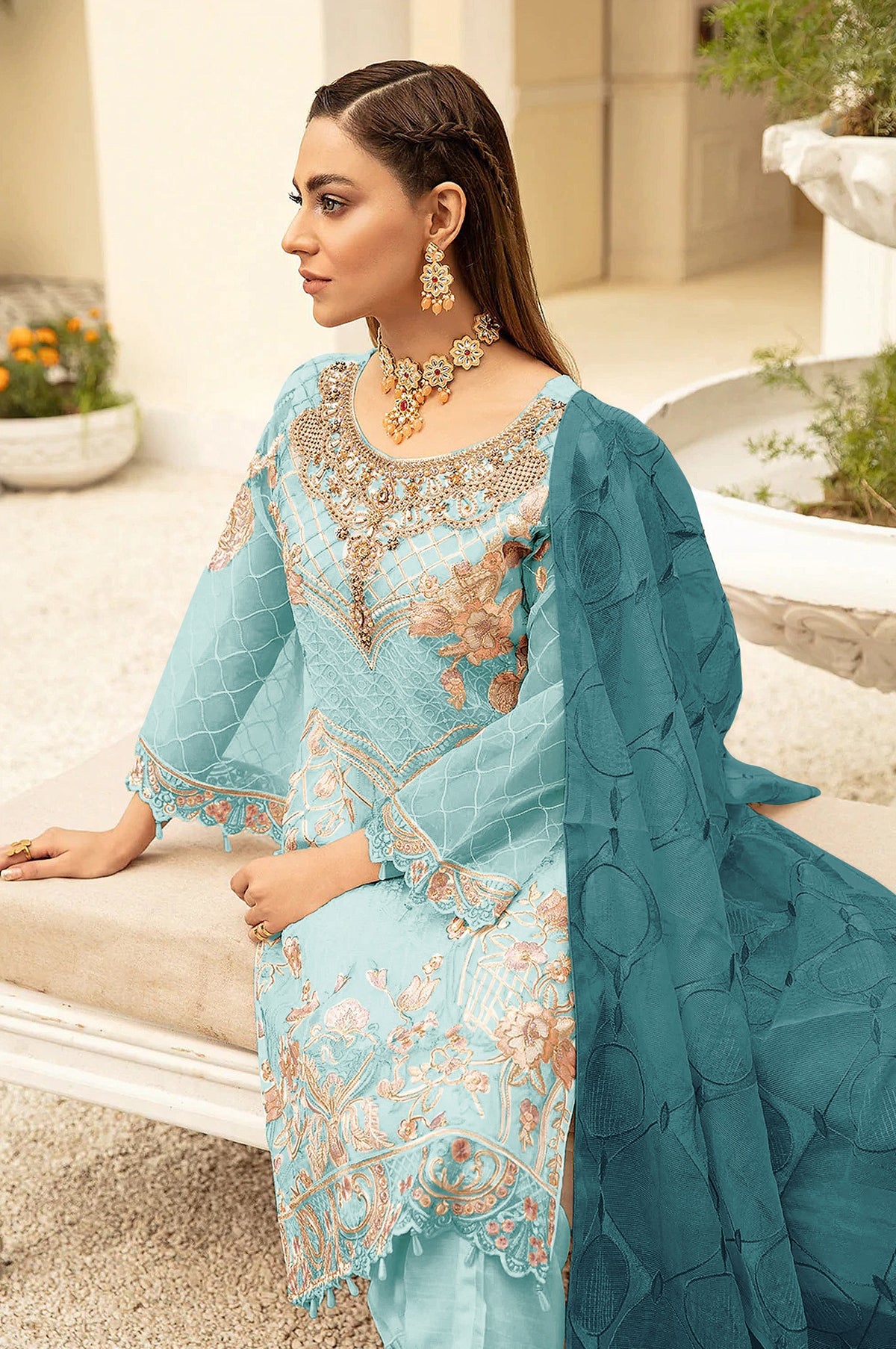 Sky Blue Color Georgette With Soft Embroidery Work Straghit Suit - Joshindia