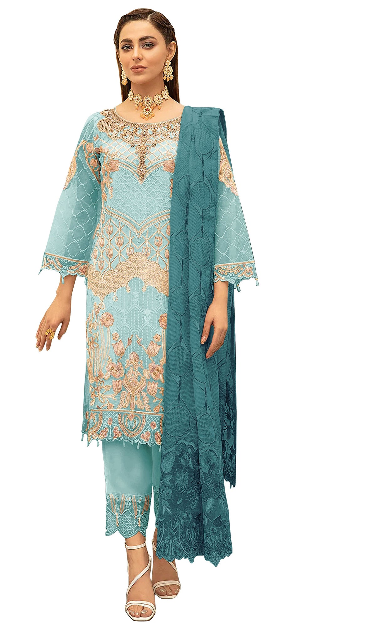 Sky Blue Color Georgette With Soft Embroidery Work Straghit Suit - Joshindia