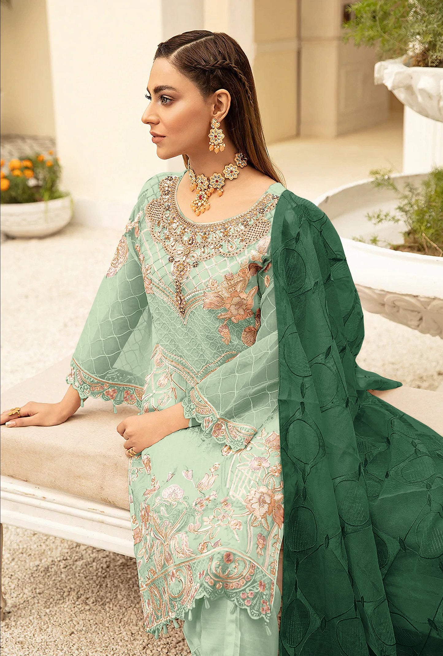 Green Color Georgette With Soft Embroidery Work Straghit Suit