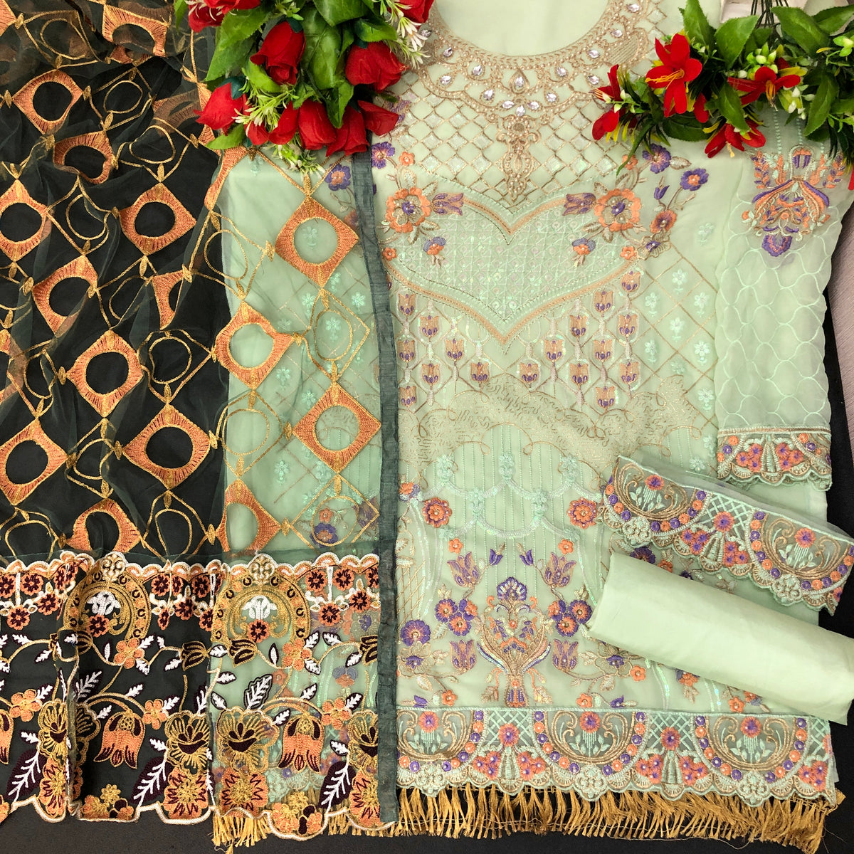 Green Color Georgette With Soft Embroidery Work Straghit Suit - Joshindia