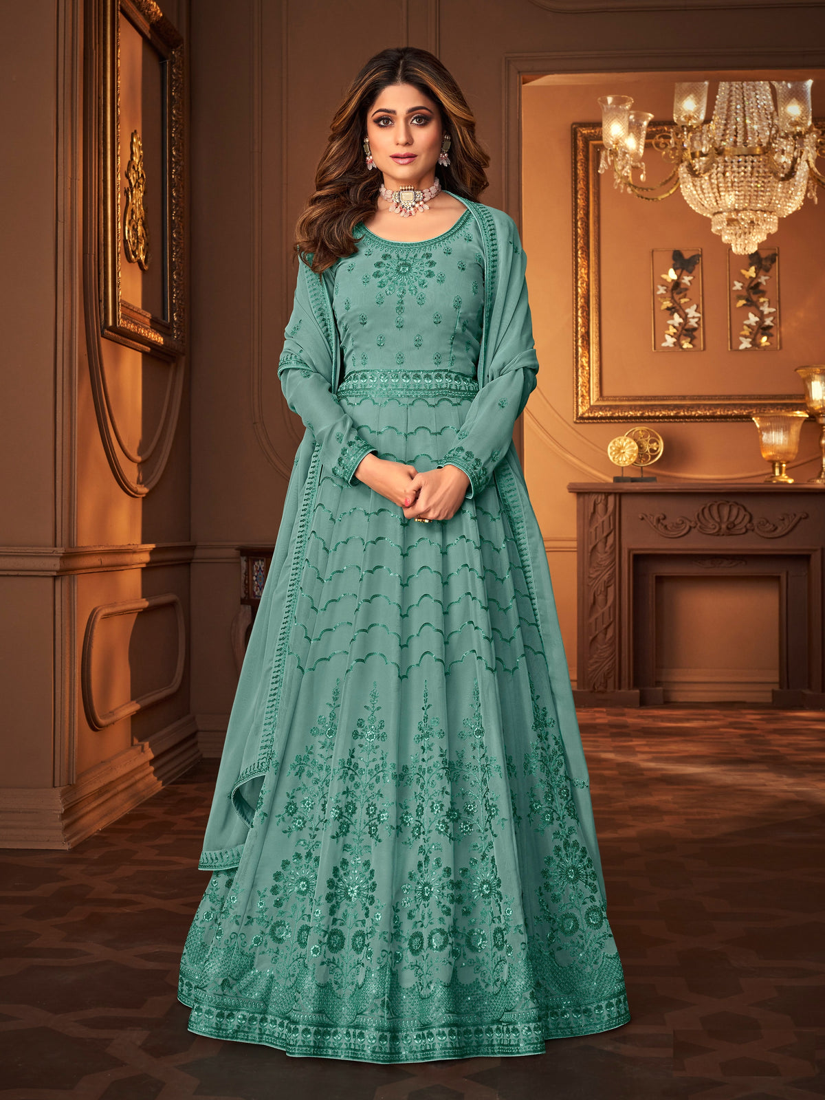 Sea Blue Color Faux Georgette Long Anarkali Salwar Suit - Joshindia