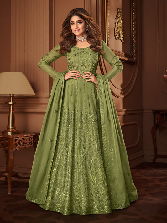 Green Color Faux Georgette Long Anarkali Salwar Suit