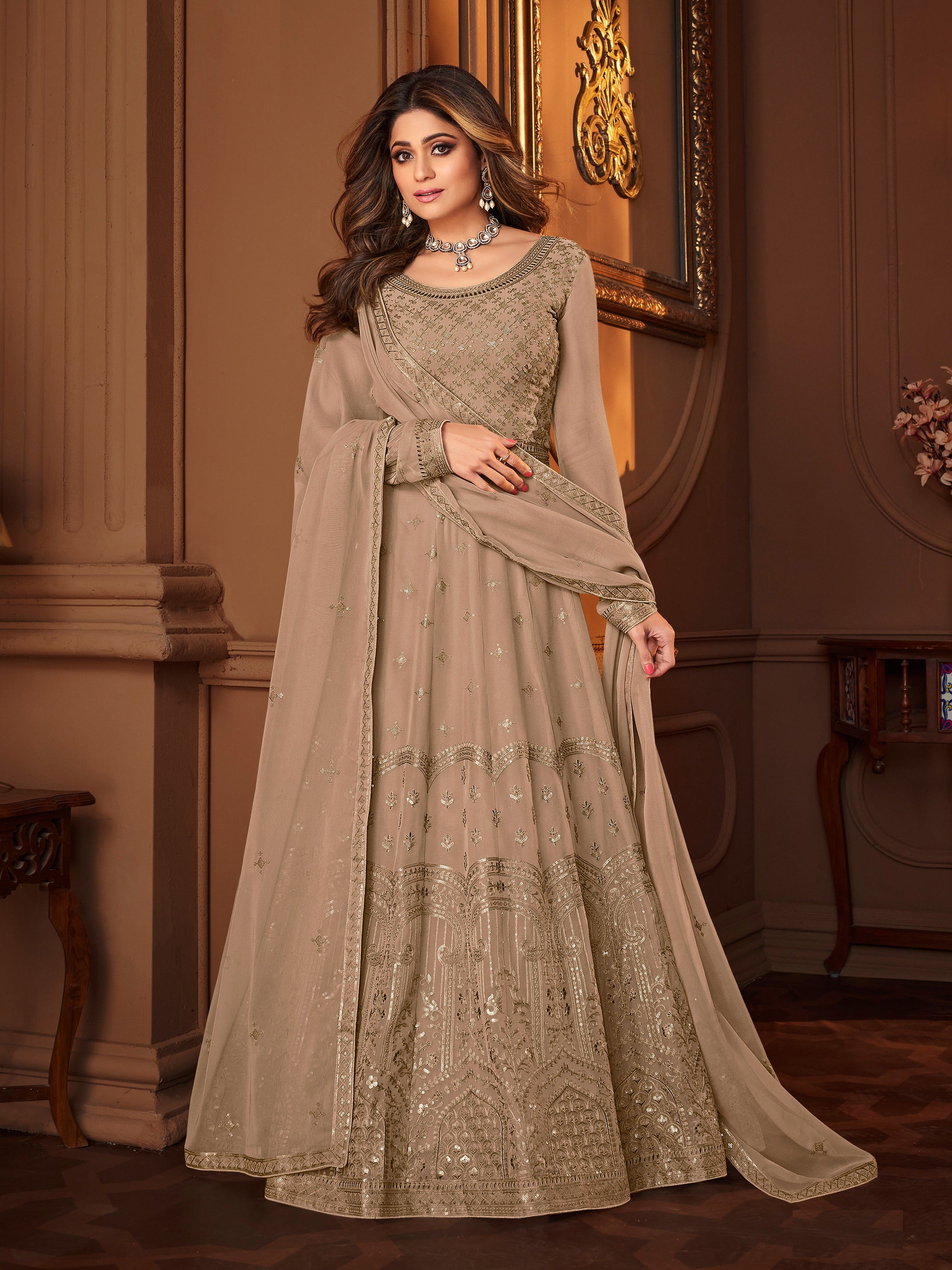 BEIGE THREAD AND SEQUINCE EMBROIDERED WORK GEORGETTE ANARKALI LONG SALWAR  SUIT DUPATTA STITCHED GOWN - SHUBHKALA - 4088793