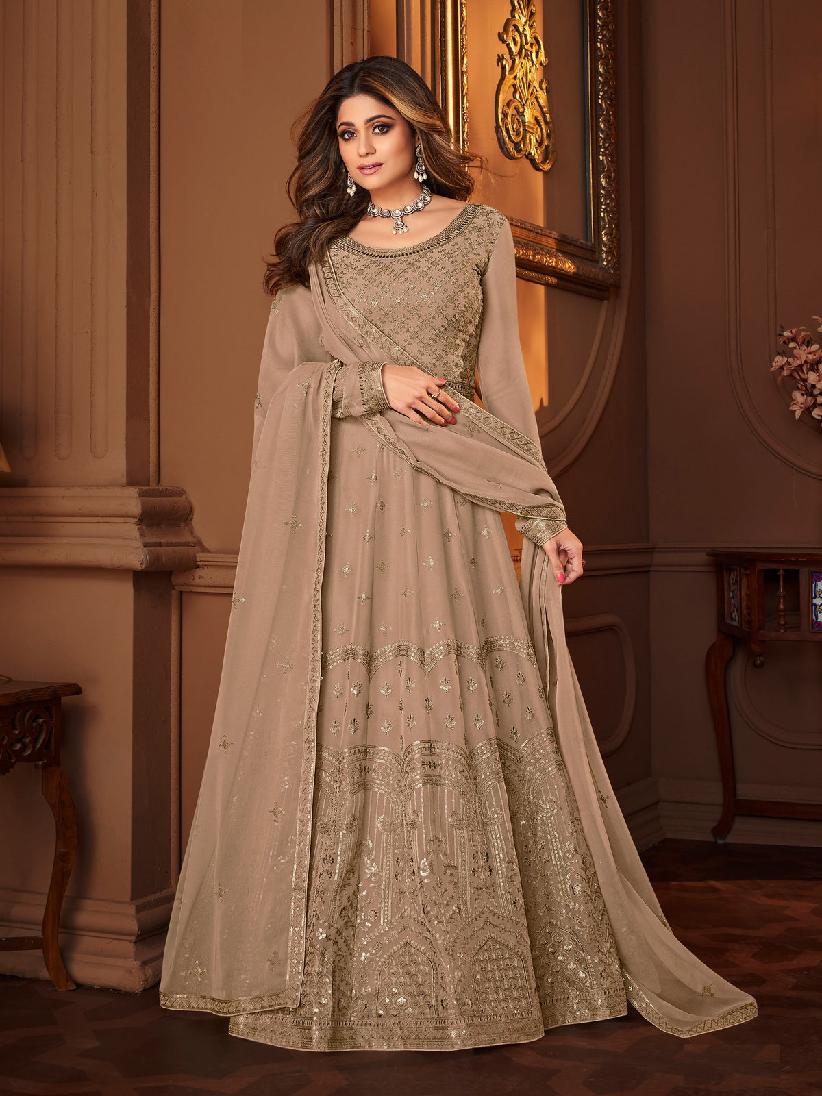 Beige Color Faux Georgette Long Anarkali Salwar Suit - Joshindia