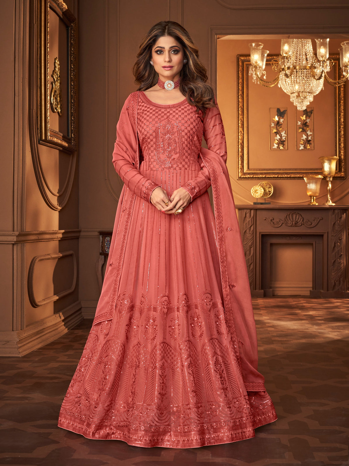 Orange Color Faux Georgette Long Anarkali Salwar Suit - Joshindia