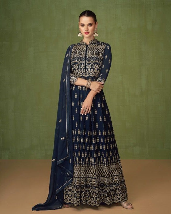 Blue Color Faux Georgette Embroidery Long Salwar Suit