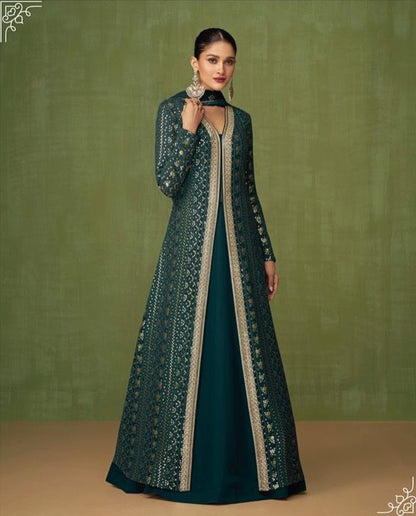 Sea Green Color Faux Georgette Embroidery Long Salwar Suit