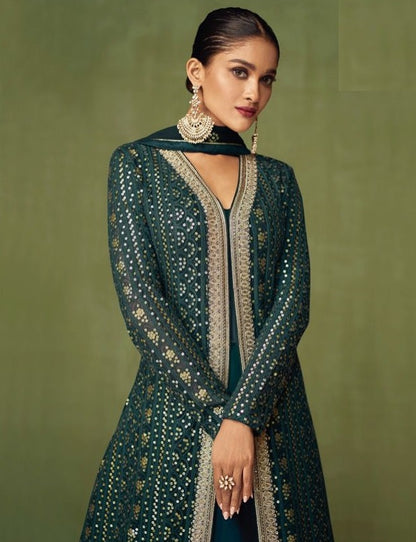 Sea Green Color Faux Georgette Embroidery Long Salwar Suit