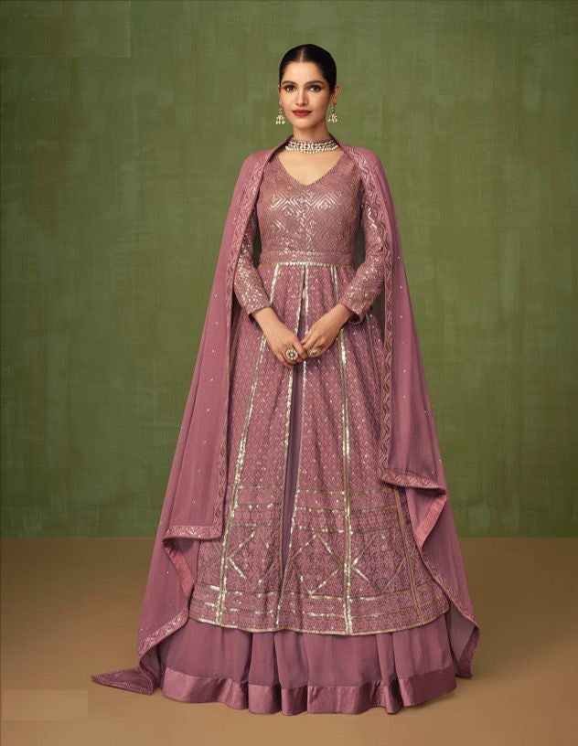 Rose Brown Color Faux Georgette Embroidery Long Salwar Suit