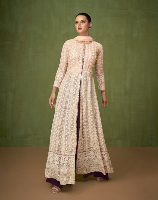 Off White Color Faux Georgette Embroidery Long Salwar Suit