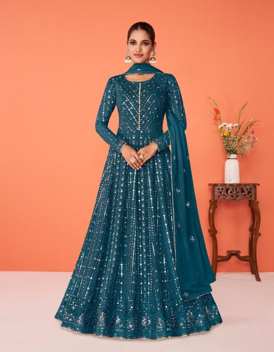 Sea Blue Color Faux Georgette With Heavy Embroidery Work Anarkali Salwar Suit
