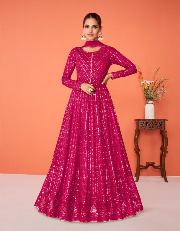 Pink Color Faux Georgette With Heavy Embroidery Work Anarkali Salwar Suit - Joshindia