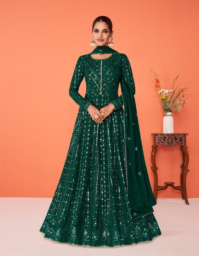 Green Color Faux Georgette With Heavy Embroidery Work Anarkali Salwar Suit