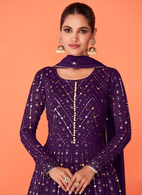 Purple Color Faux Georgette With Heavy Embroidery Work Anarkali Salwar Suit - Joshindia