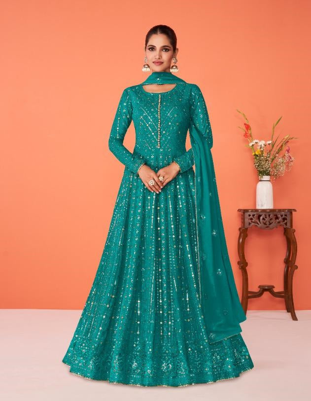 Aqua Blue Color Faux Georgette With Heavy Embroidery Work Anarkali Salwar Suit