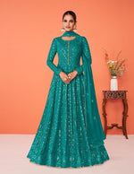 Aqua Blue Color Faux Georgette With Heavy Embroidery Work Anarkali Salwar Suit - Joshindia