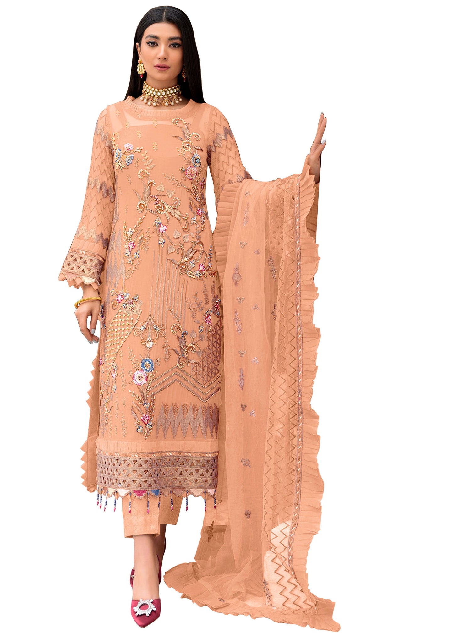 Orange Color Faux Georgette With Sequence Embroidery Work Straight Salwar Suit