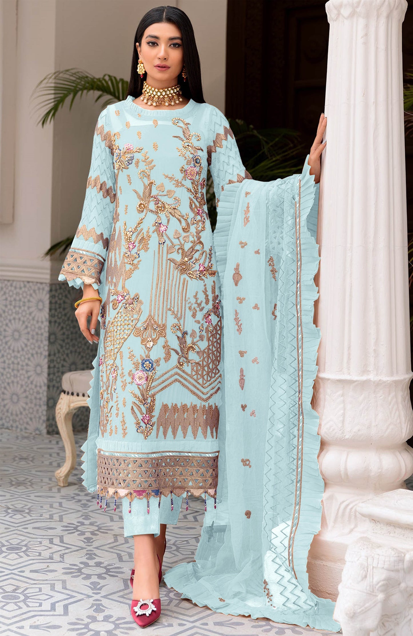 Sky Blue Color Faux Georgette With Sequence Embroidery Work Straight Salwar Suit