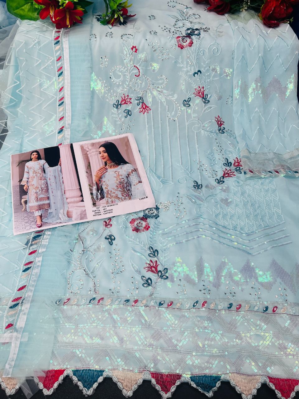 Sky Blue Color Faux Georgette With Sequence Embroidery Work Straight Salwar Suit - Joshindia