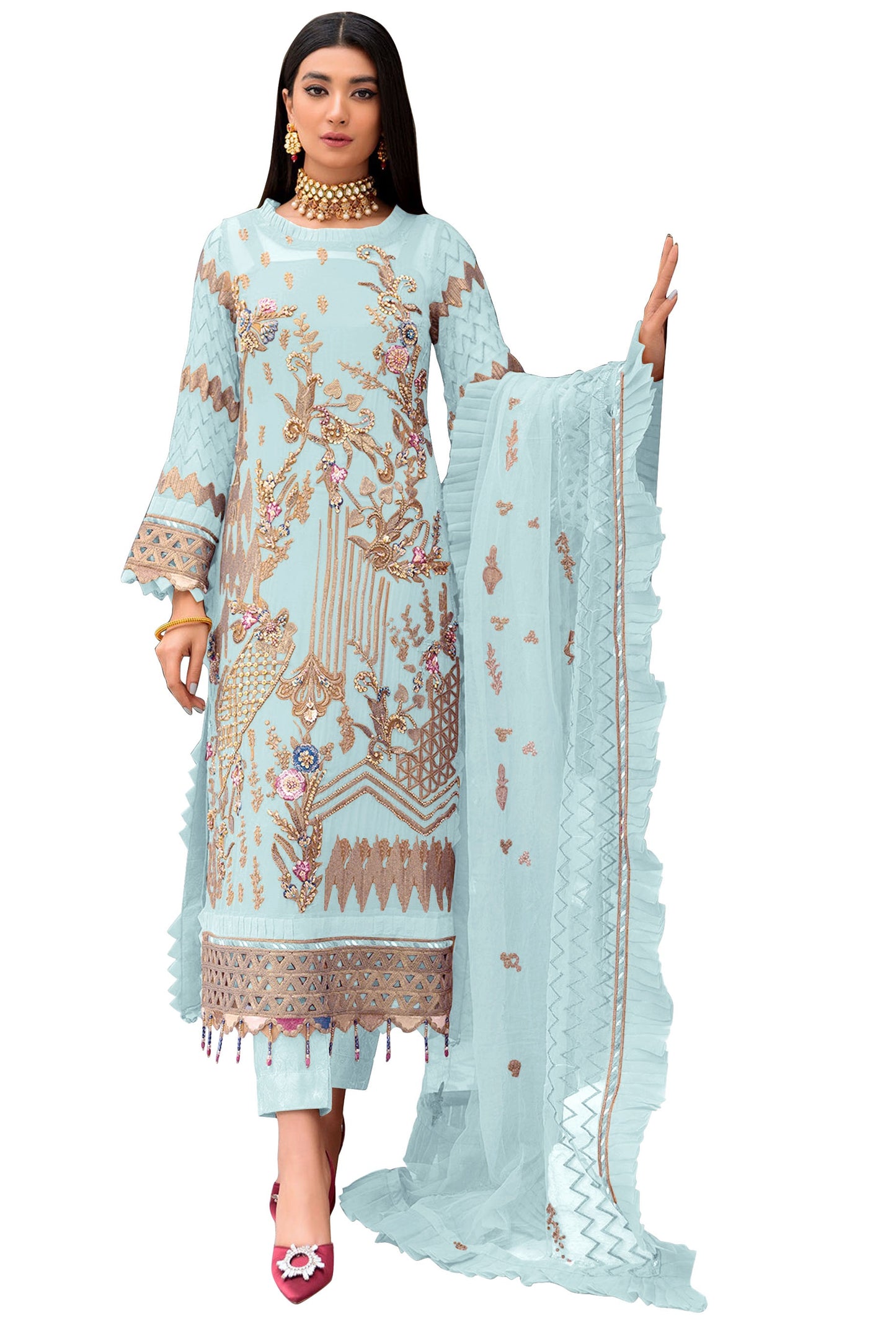 Sky Blue Color Faux Georgette With Sequence Embroidery Work Straight Salwar Suit