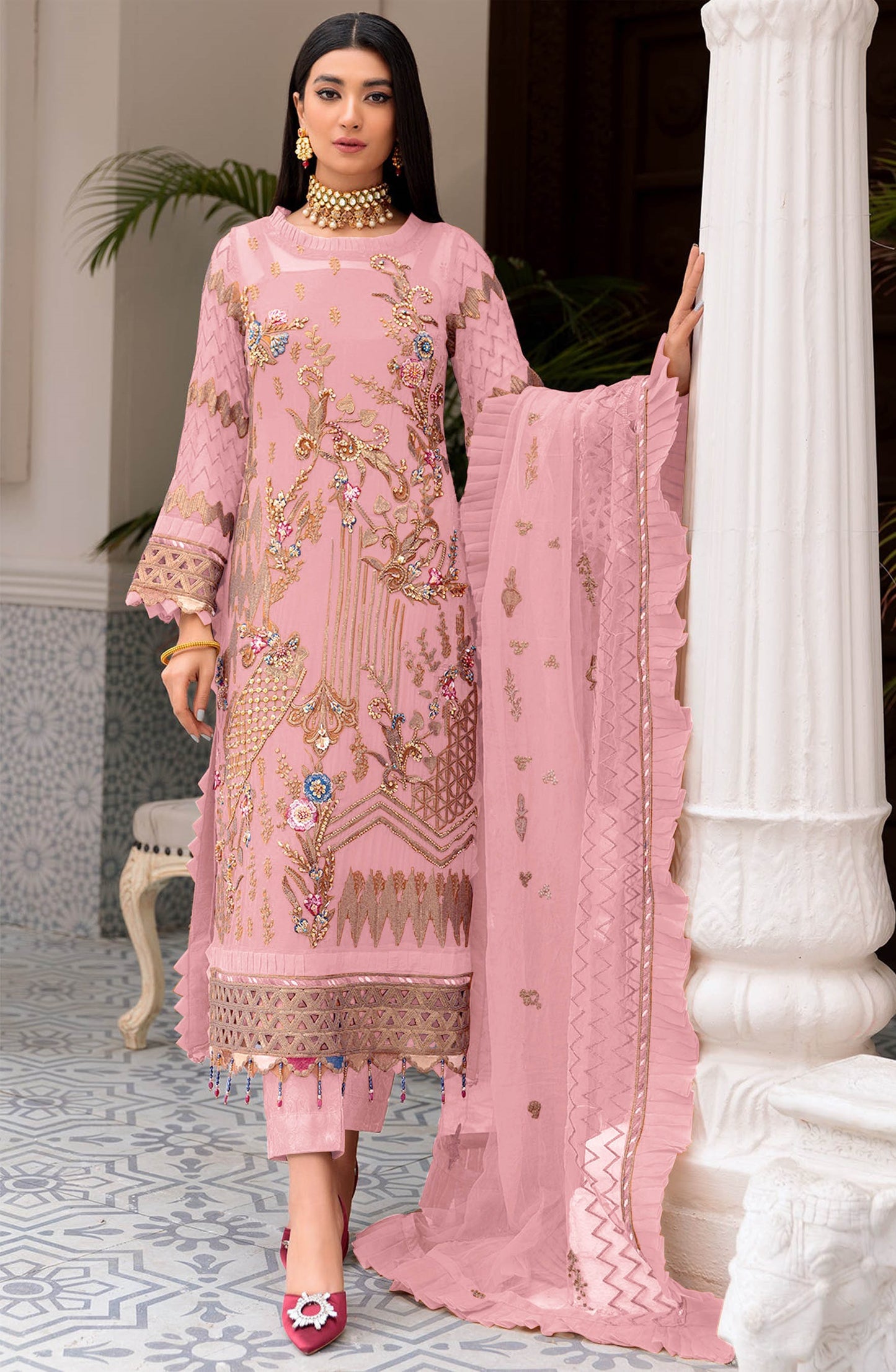 Pink Color Faux Georgette With Sequence Embroidery Work Straight Salwar Suit