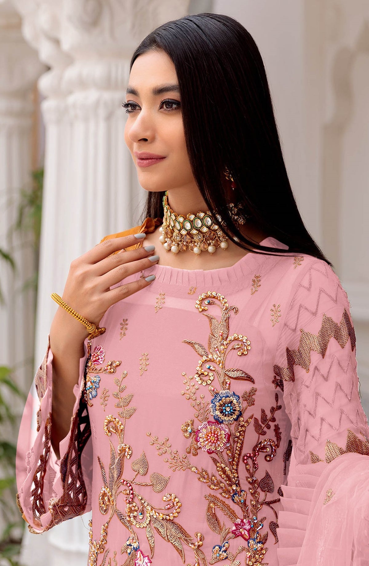 Pink Color Faux Georgette With Sequence Embroidery Work Straight Salwar Suit - Joshindia