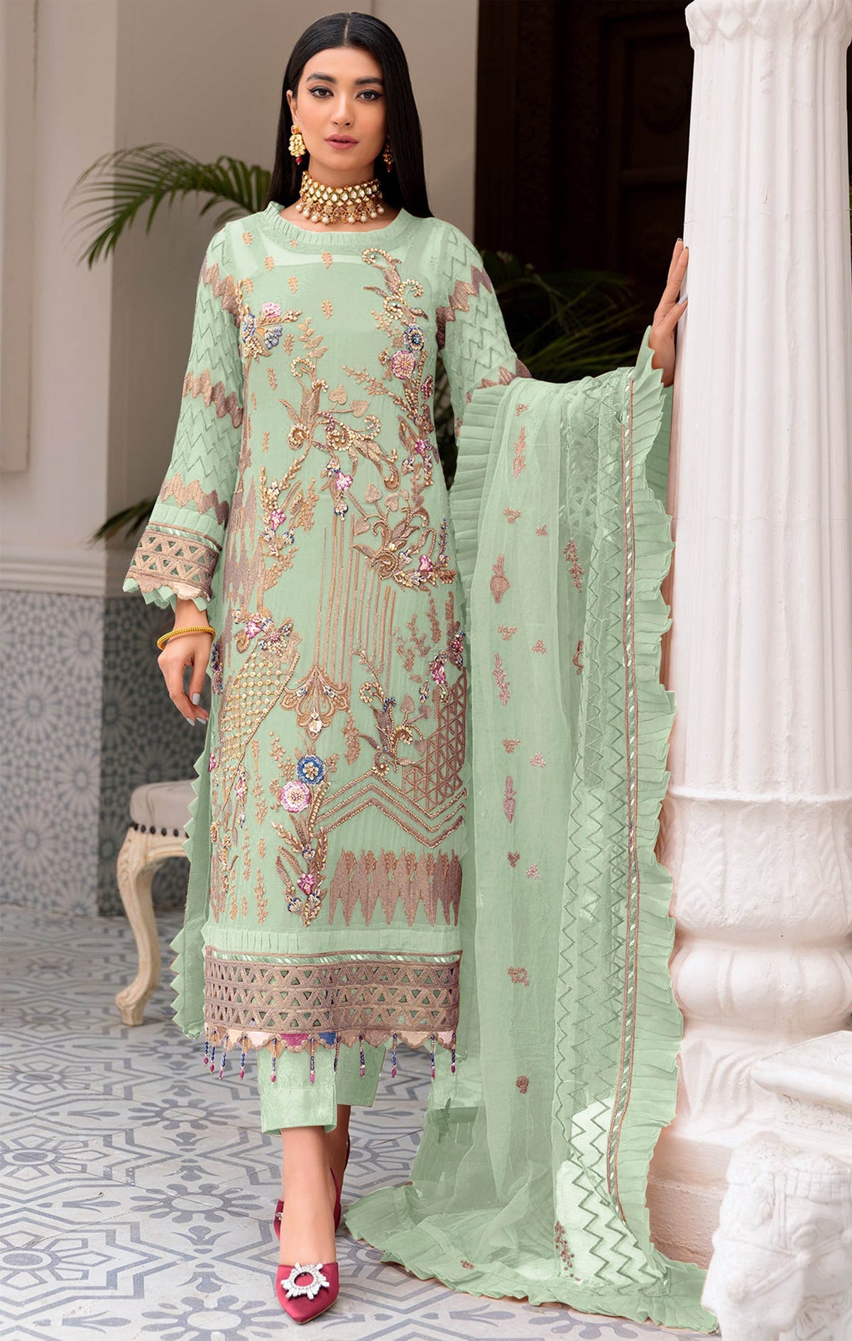Pista Color Faux Georgette With Sequence Embroidery Work Straight Salwar Suit - Joshindia