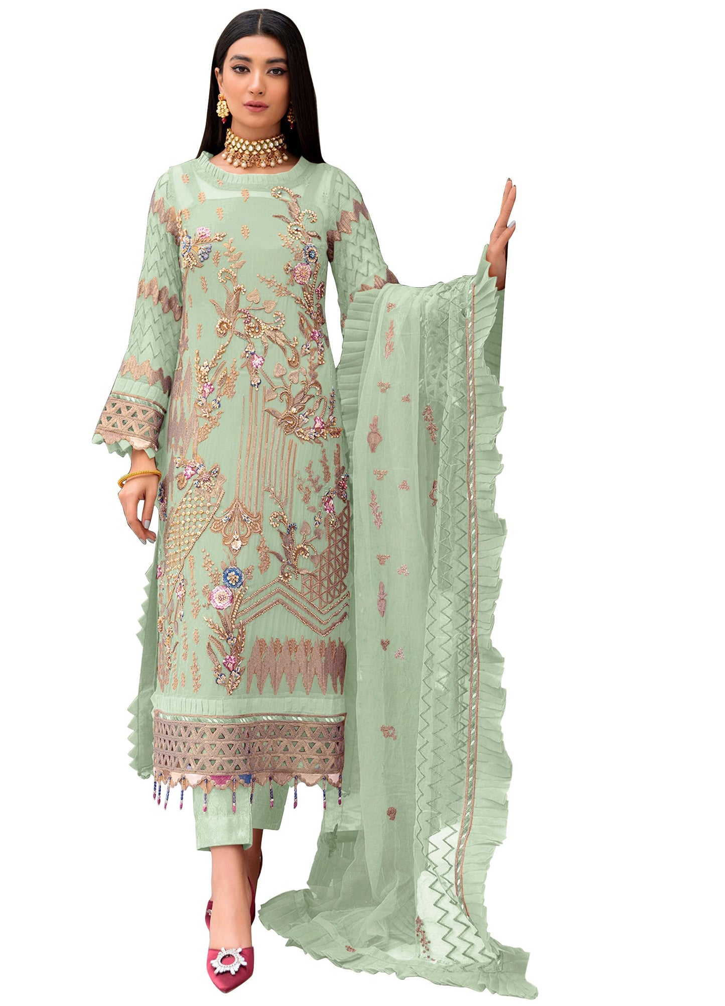 Pista Color Faux Georgette With Sequence Embroidery Work Straight Salwar Suit