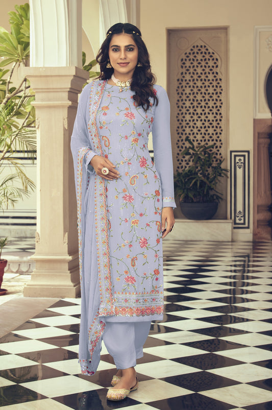 Grey Color Faux Georgette With Heavy Sequence work Straight Salwar Suit