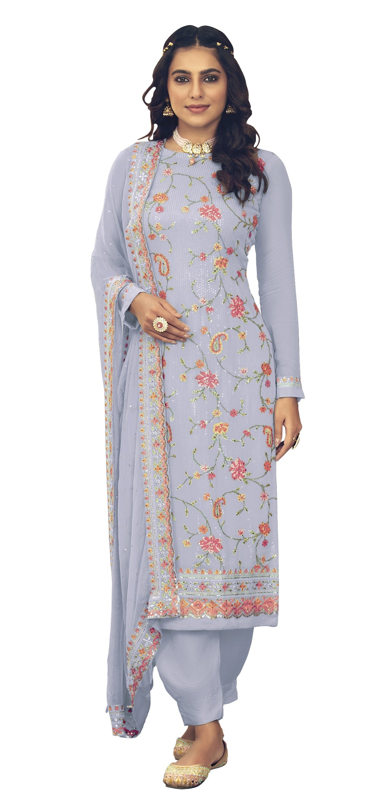 Grey Color Faux Georgette With Heavy Sequence work Straight Salwar Suit