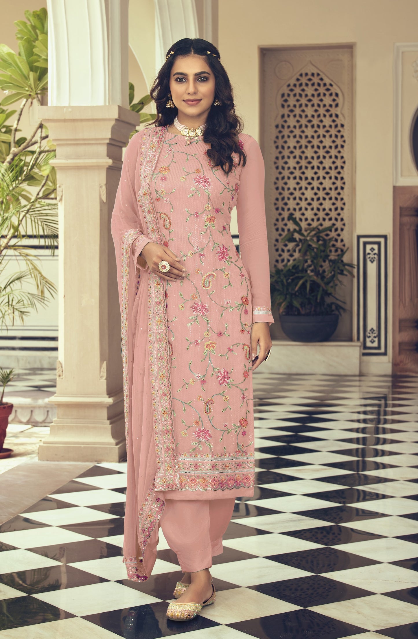 Peach Color Faux Georgette With Heavy Sequence work Straight Salwar Suit