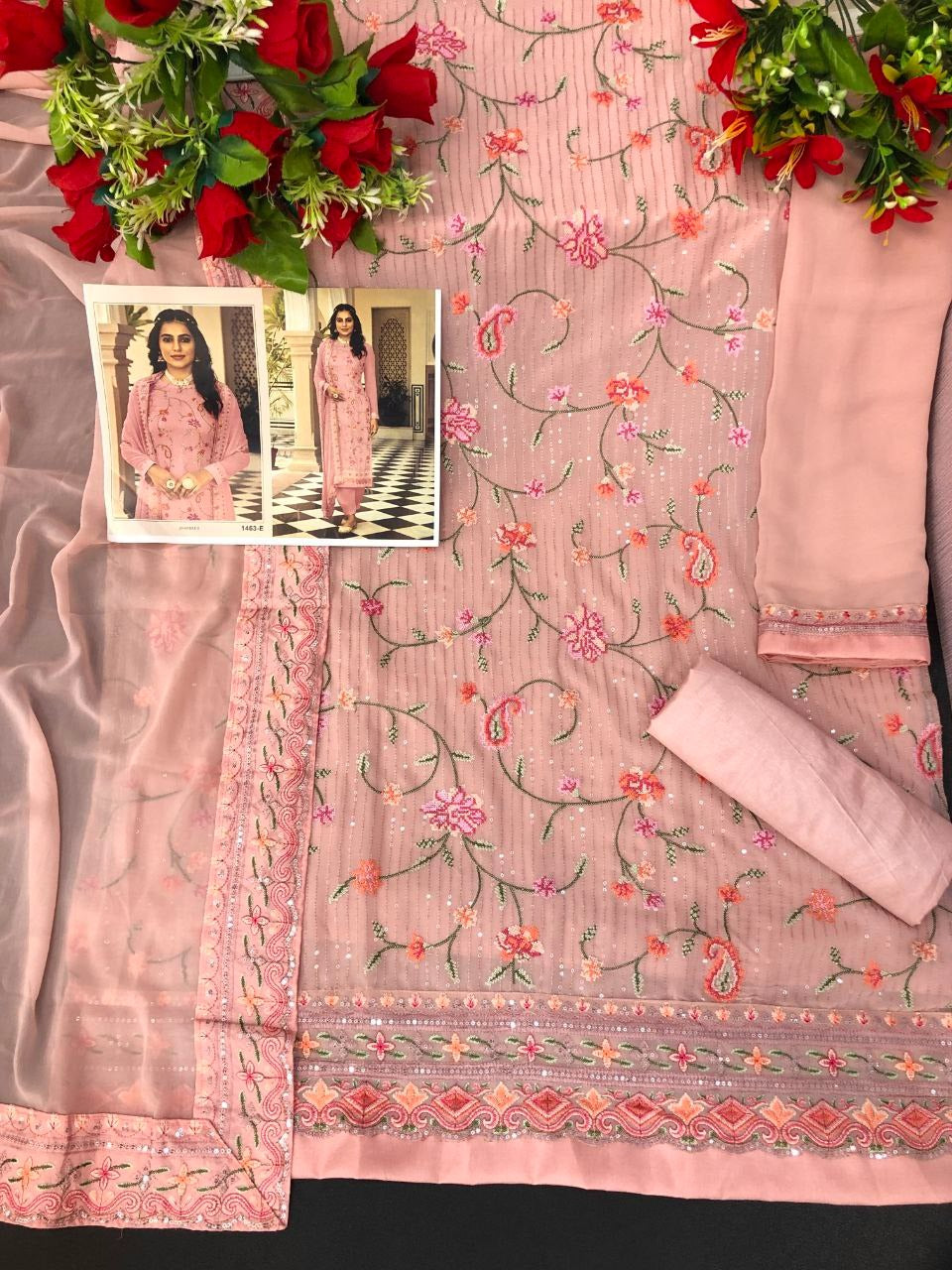 Peach Color Faux Georgette With Heavy Sequence work Straight Salwar Suit - Joshindia