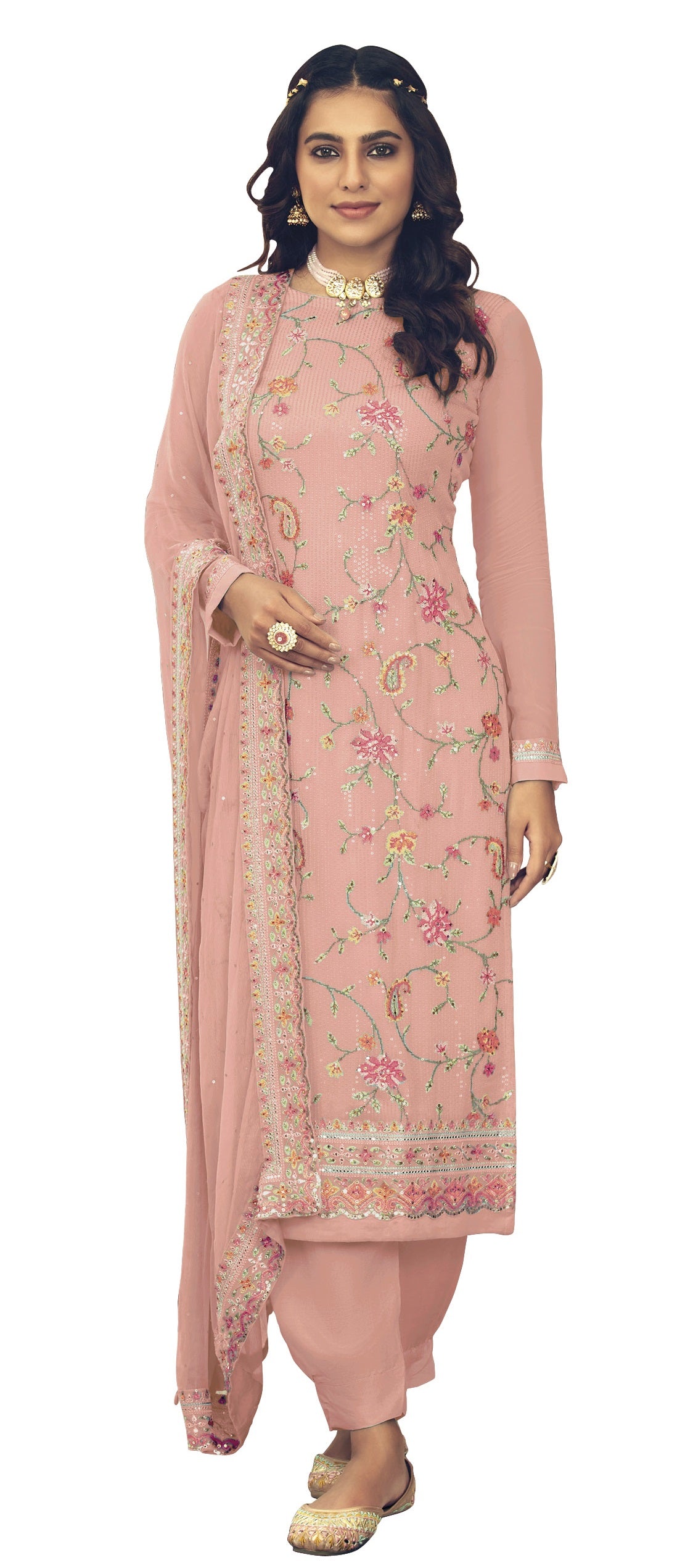 Peach Color Faux Georgette With Heavy Sequence work Straight Salwar Suit