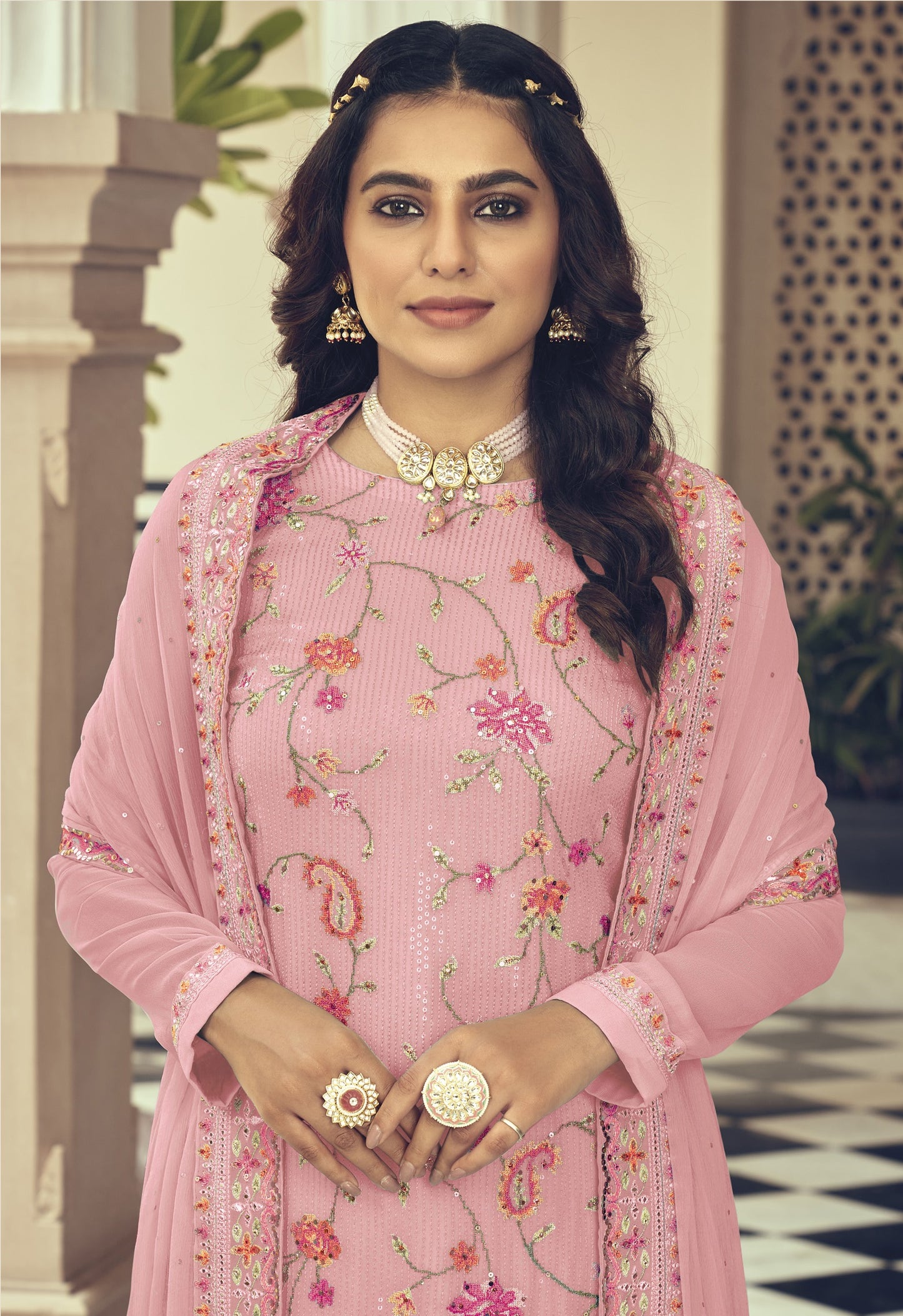 Pink Color Faux Georgette With Heavy Sequence work Straight Salwar Suit
