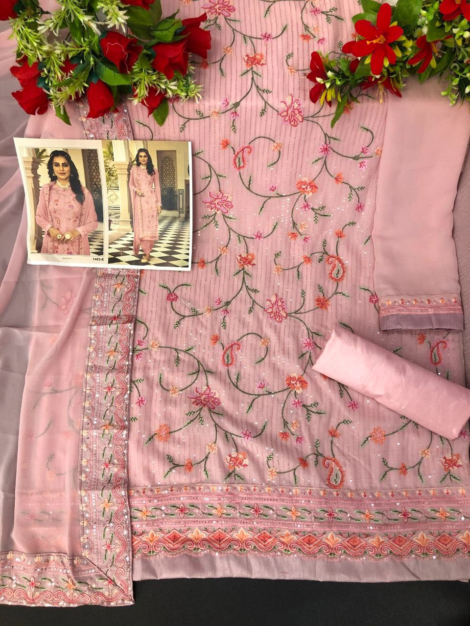 Pink Color Faux Georgette With Heavy Sequence work Straight Salwar Suit - Joshindia