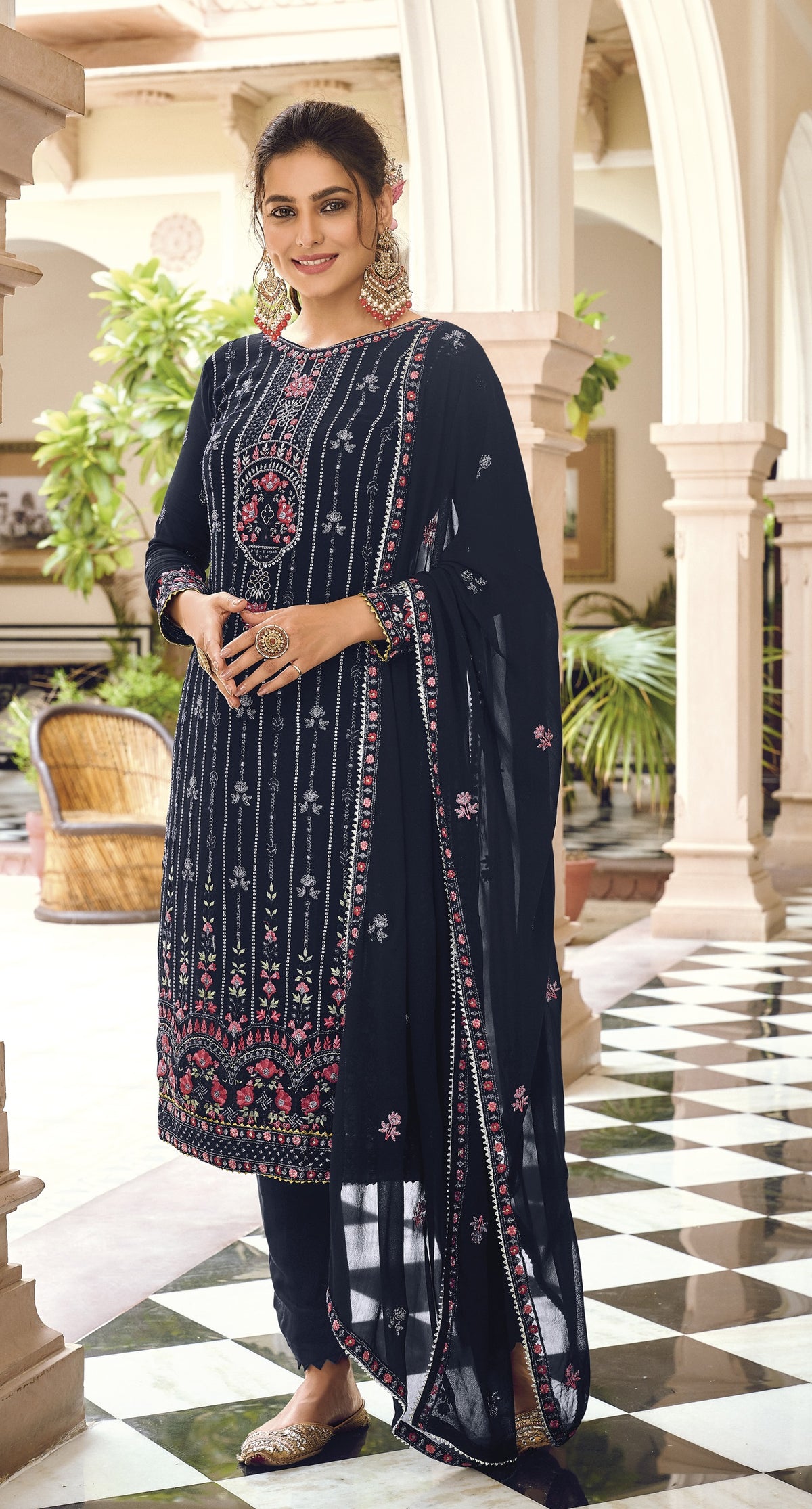 Blue Color Faux Georgette With Embroidery Work Salwar Suit - Joshindia
