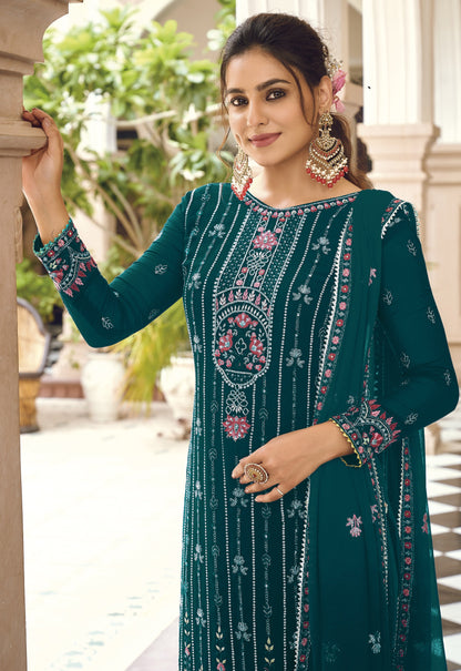 Sea Blue Color Faux Georgette With Embroidery Work Salwar Suit