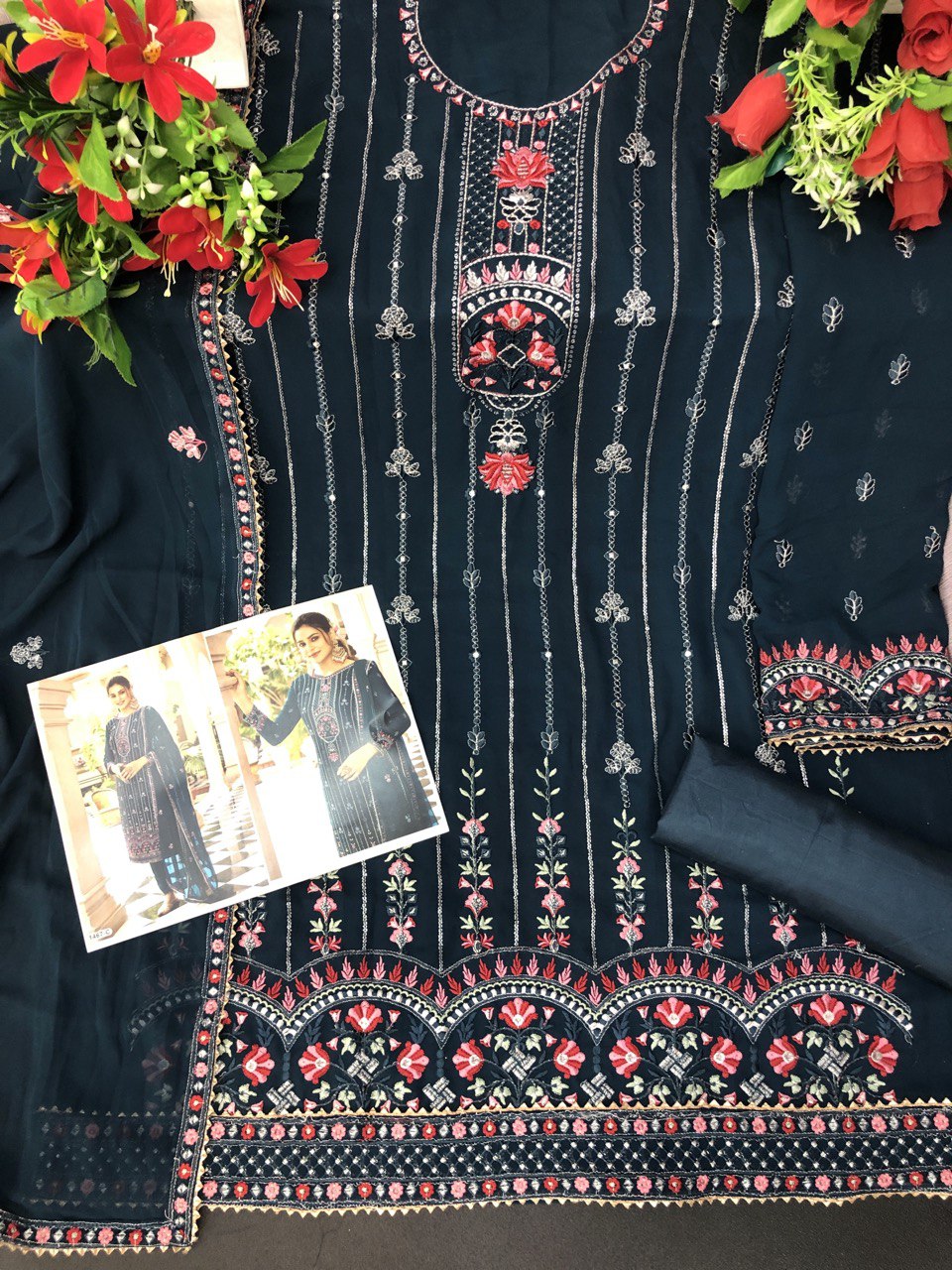 Sea Blue Color Faux Georgette With Embroidery Work Salwar Suit - Joshindia