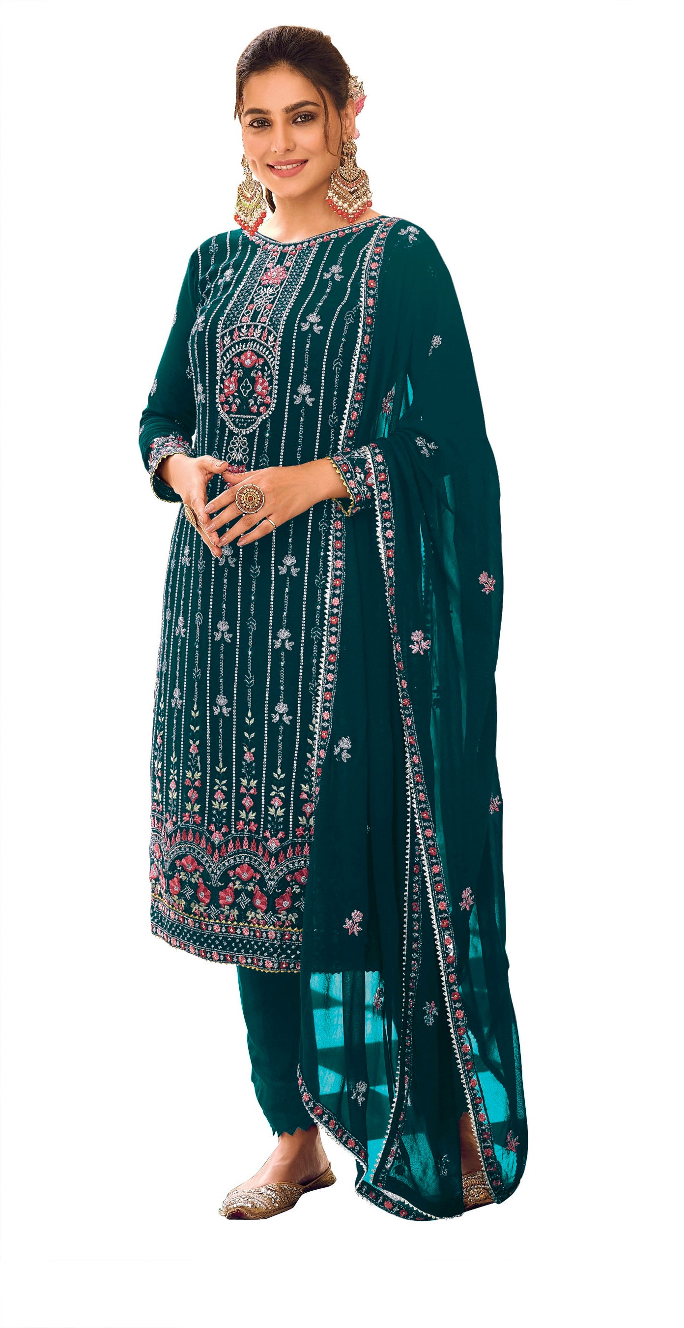 Sea Blue Color Faux Georgette With Embroidery Work Salwar Suit