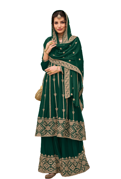 Green Color Georgette With HeavyEmbroidery Work Straghit Sharara Suit