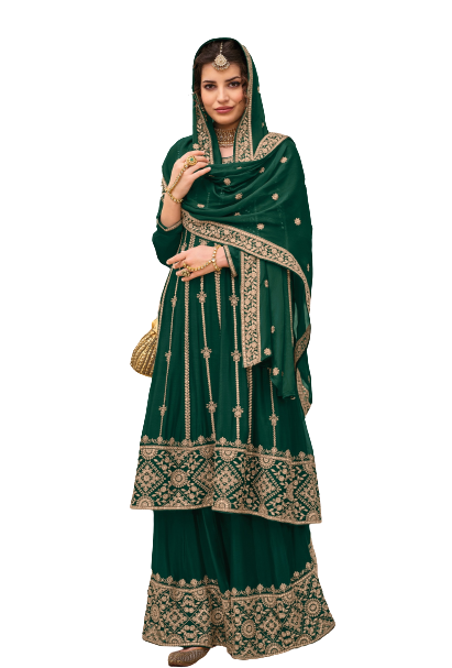 Green Color Georgette With HeavyEmbroidery Work Straghit Sharara Suit - Joshindia